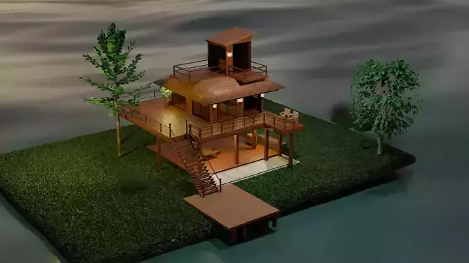 Wooden house in the middle of a stream
