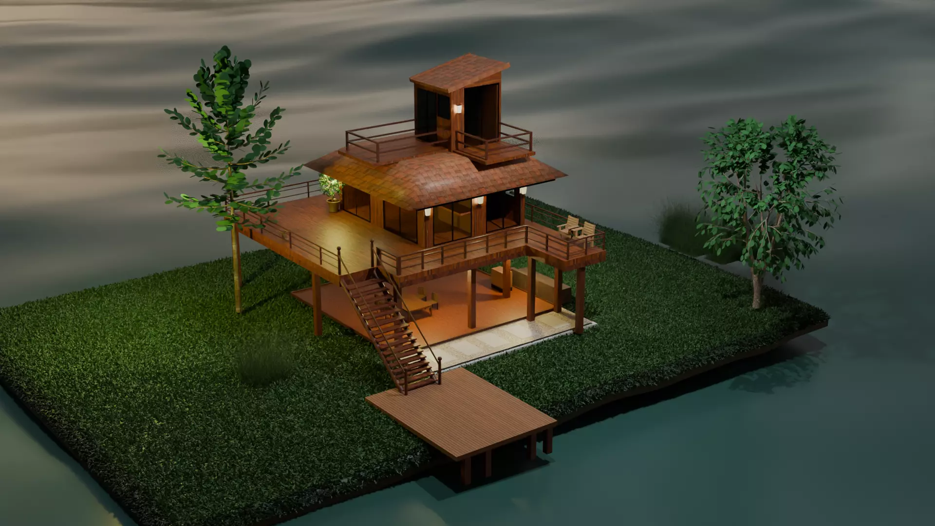 Wooden house in the middle of a stream 3D model_0