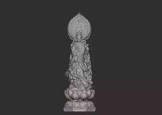Guan Yin Bodhisattva Statue with Ornate Lotus Pedestal and Halo