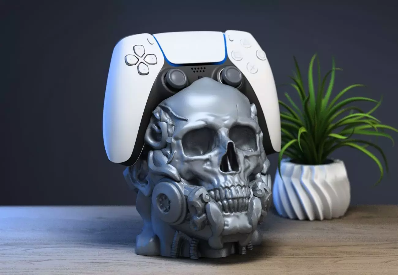 Human Robot skull Ps5 controller stand 3D print model_0