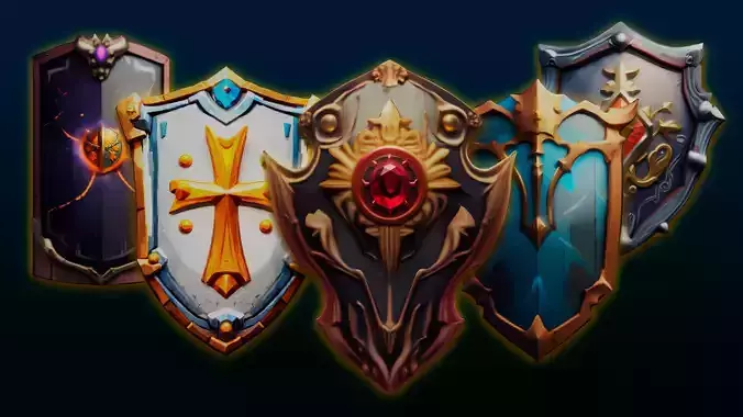 5 stylized lowpoly shields fantasy asset pack