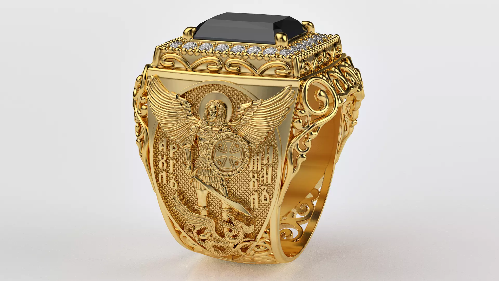 Signet ring with archangel Michael 3D print model_0