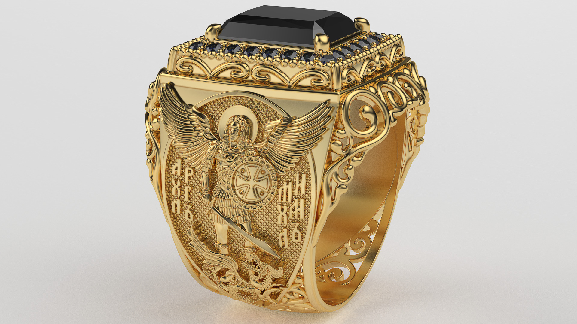 Signet ring with archangel Michael 3D print model_3