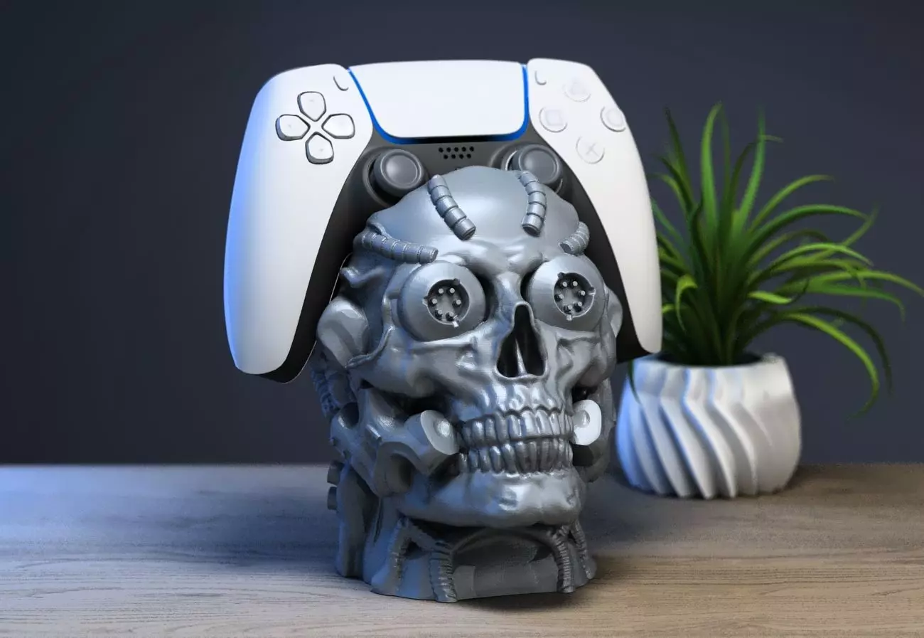 Robot skull Ps5 controller stand 3D print model_0