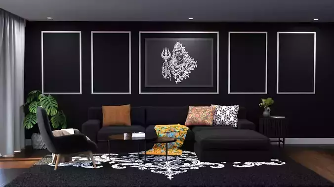 3d models living room with horse painting on wall free VR / AR / low ...