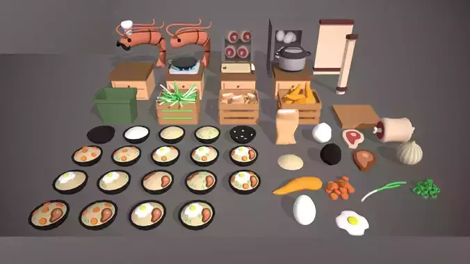 Noodles shrimp Japanese cuisine eggs scallions mea Low-poly 3D model
