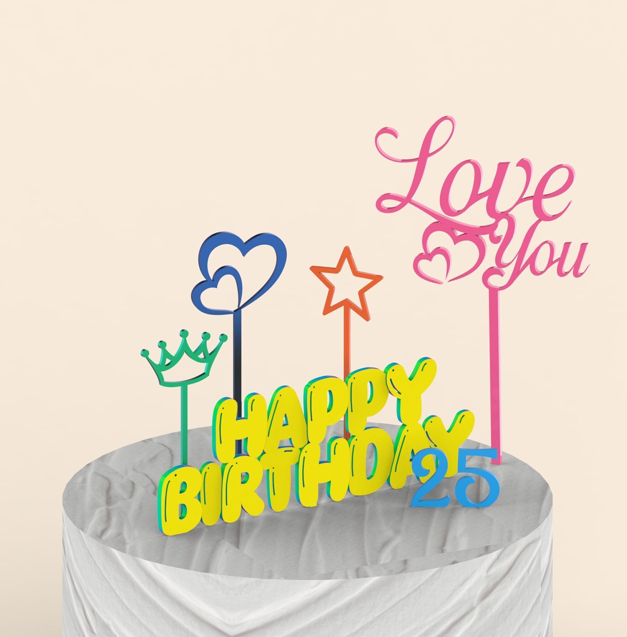 3D Cake Toppers Set - 15 pcs Bundle Happy Birthday Cake Toppers 3D print model_3