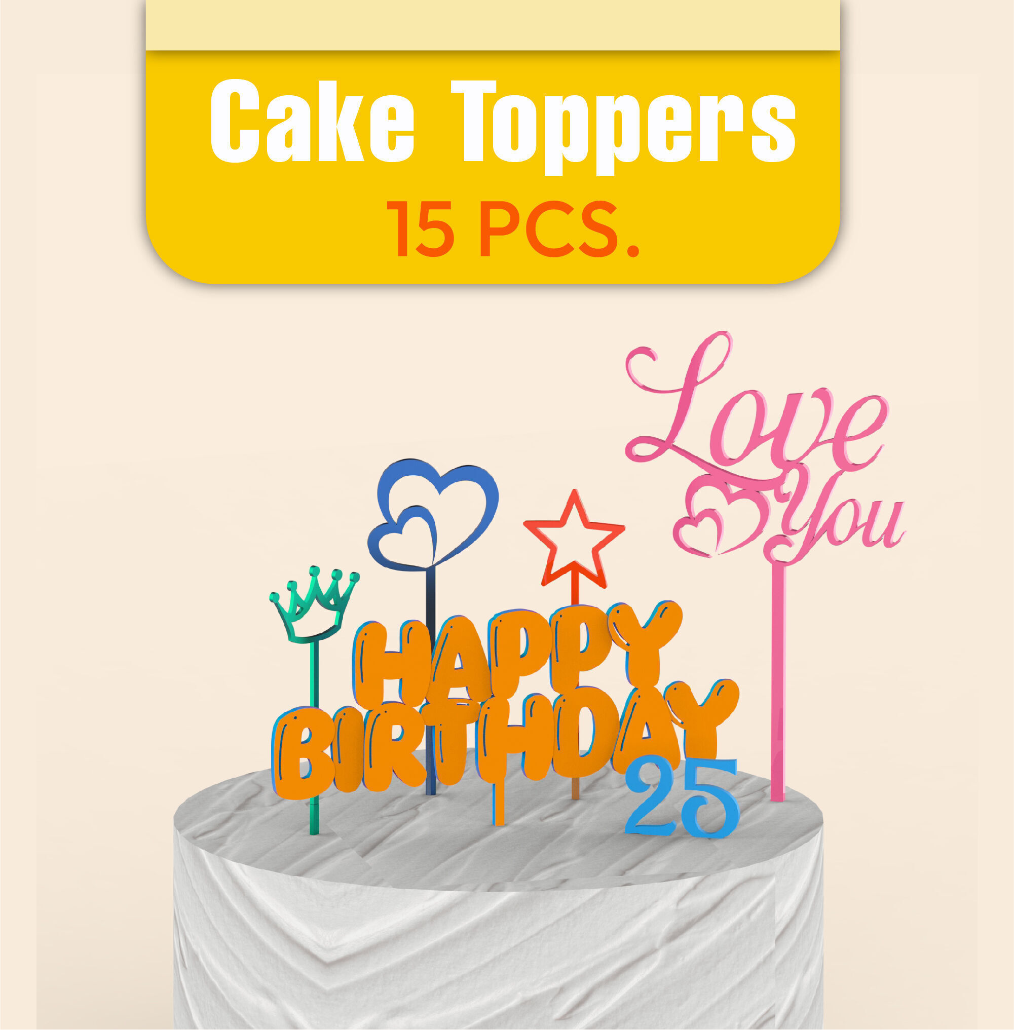 3D Cake Toppers Set - 15 pcs Bundle Happy Birthday Cake Toppers 3D print model_2