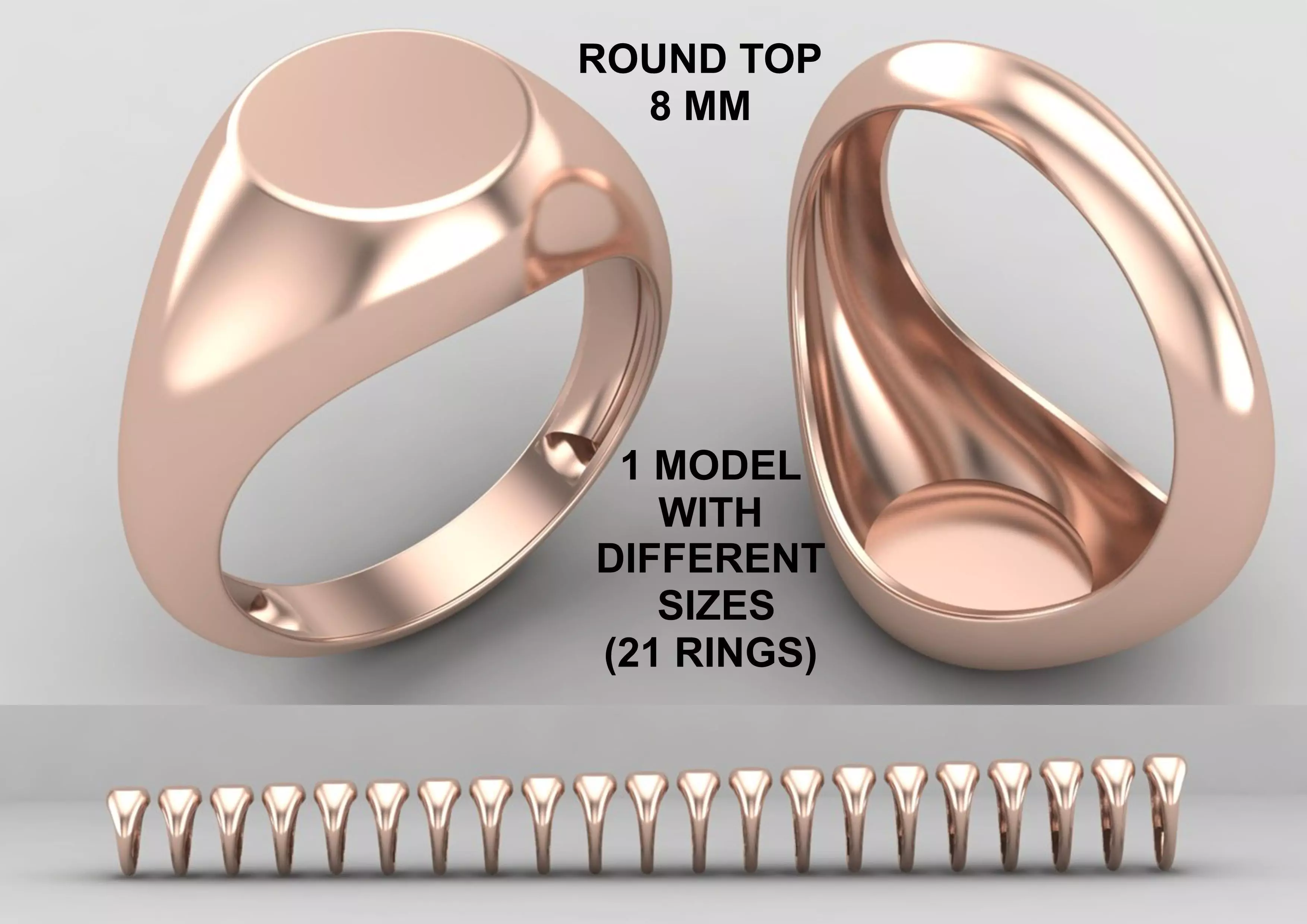 signet Ring Base 8mm top in All sizes 153-MWC 3D print model_0