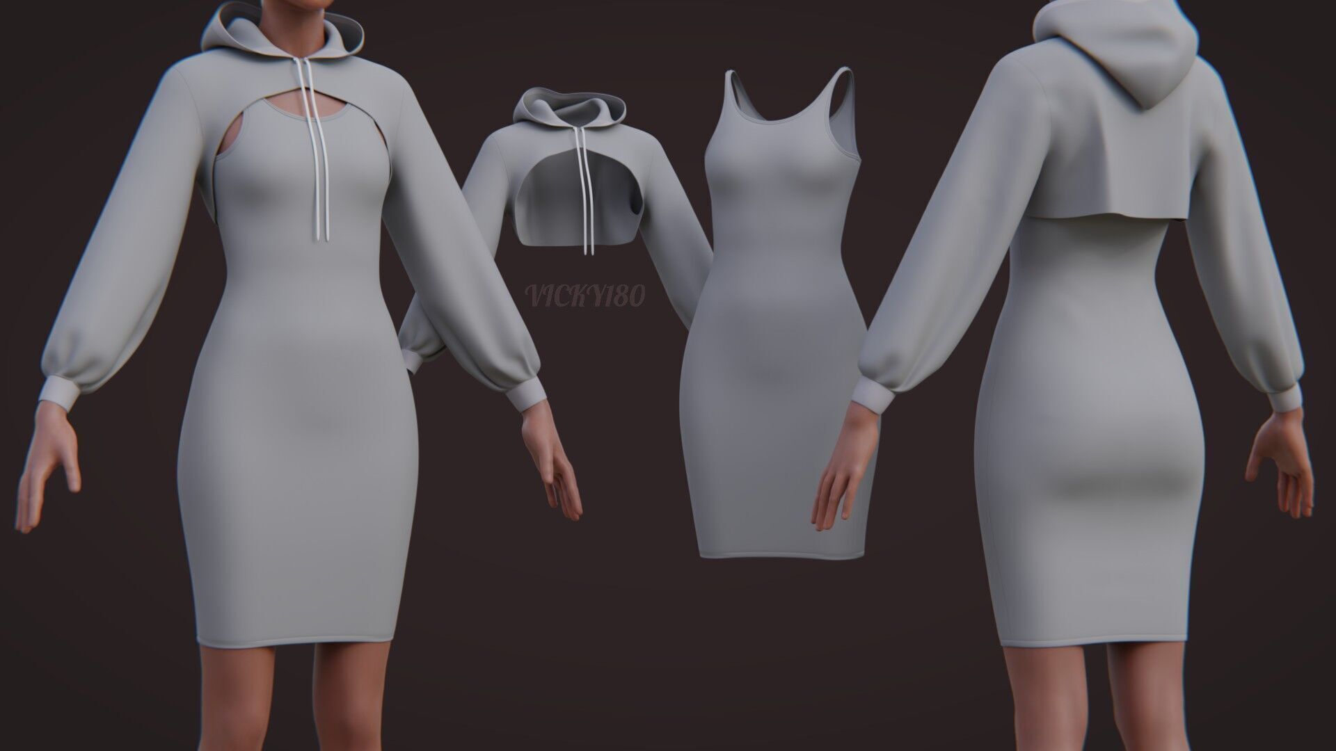 Crop Hoodie Sweater and Bodycon Singlet Dress - Stylish Clothing 3D model_2