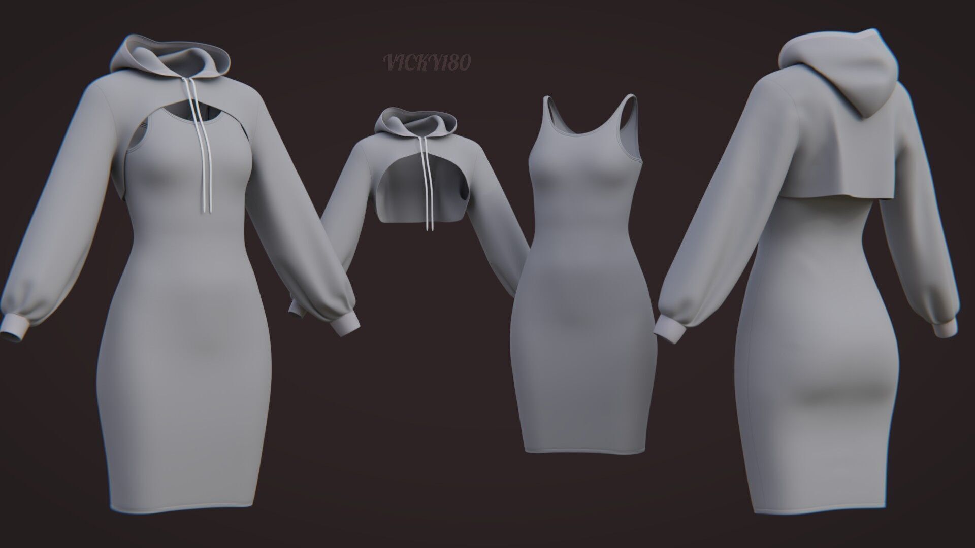 Crop Hoodie Sweater and Bodycon Singlet Dress - Stylish Clothing 3D model_3