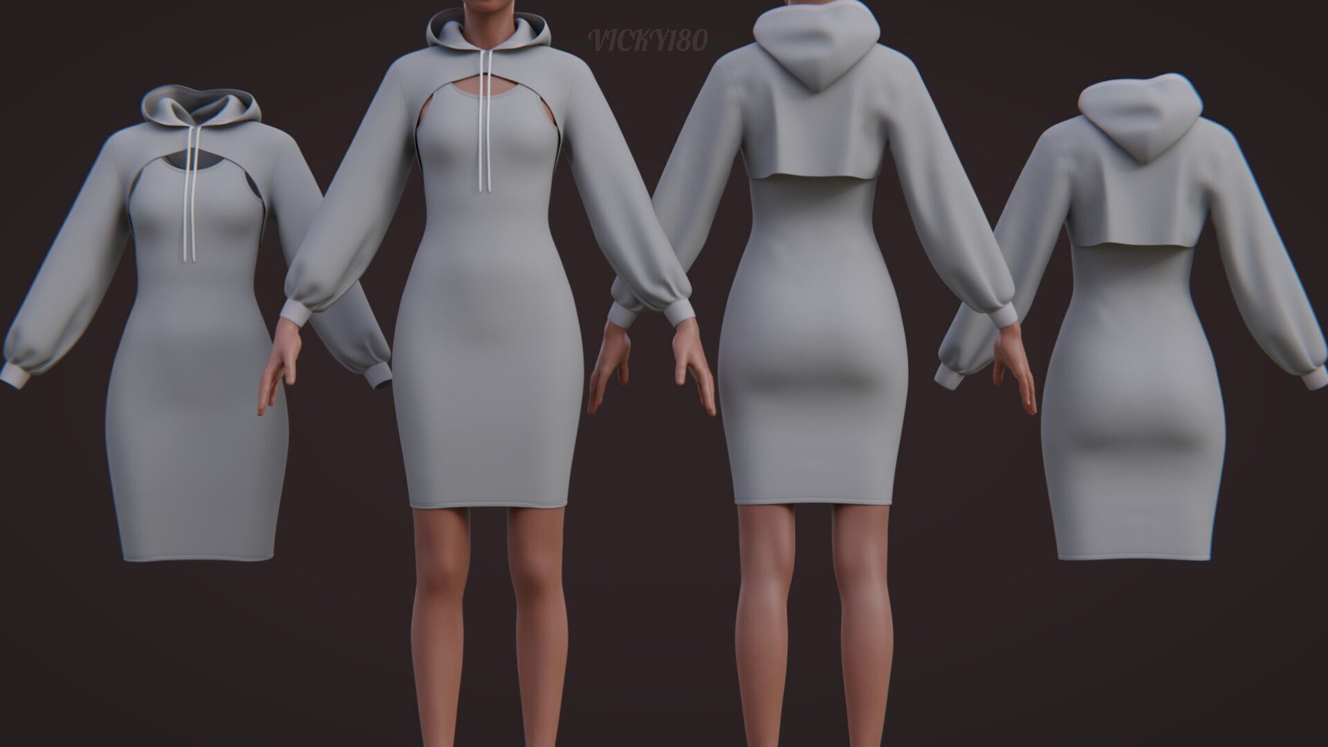 Crop Hoodie Sweater and Bodycon Singlet Dress - Stylish Clothing 3D model_4
