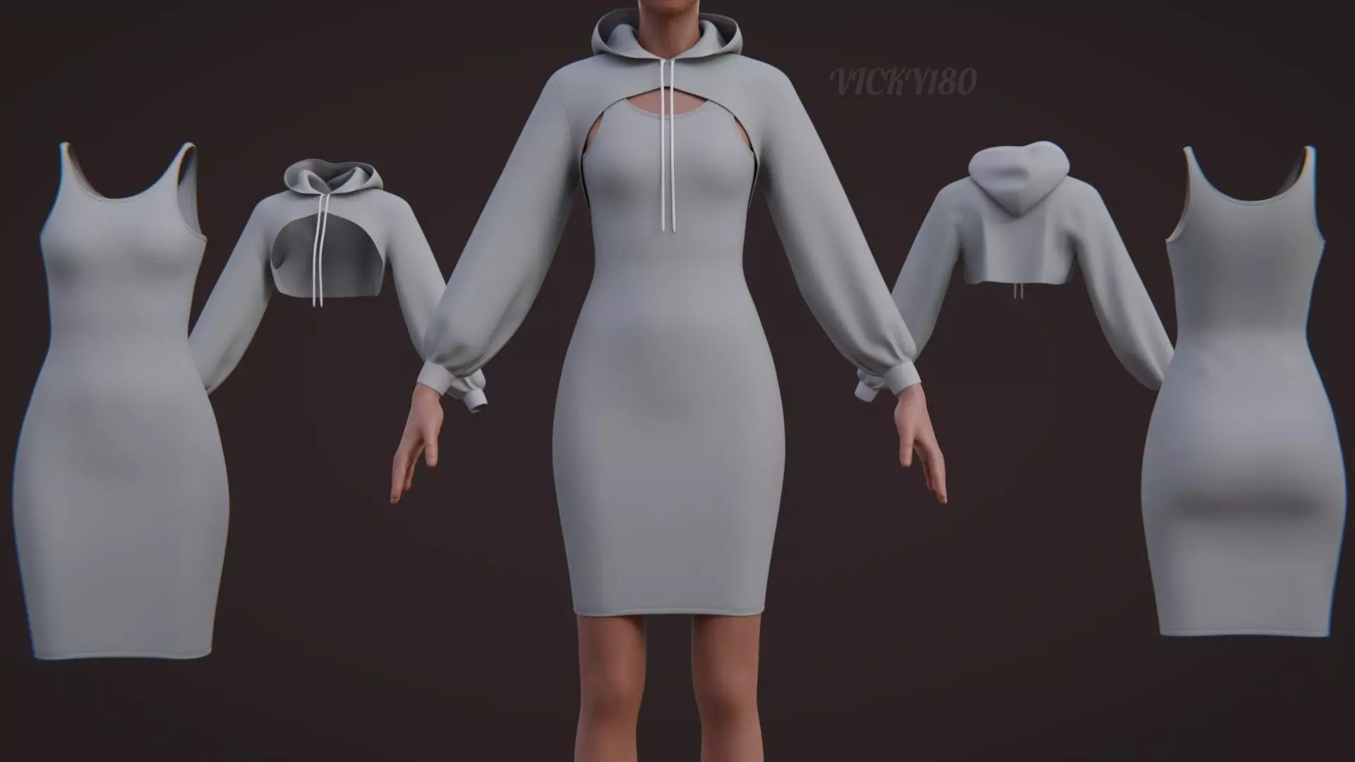 Crop Hoodie Sweater and Bodycon Singlet Dress - Stylish Clothing 3D model_0