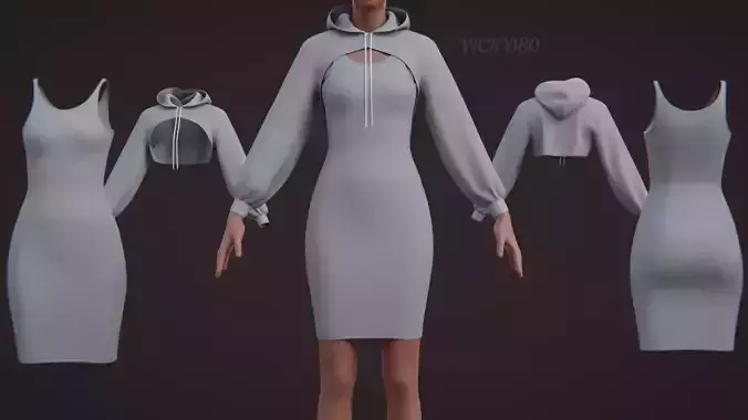 Crop Hoodie Sweater and Bodycon Singlet Dress - Stylish Clothing 3D model