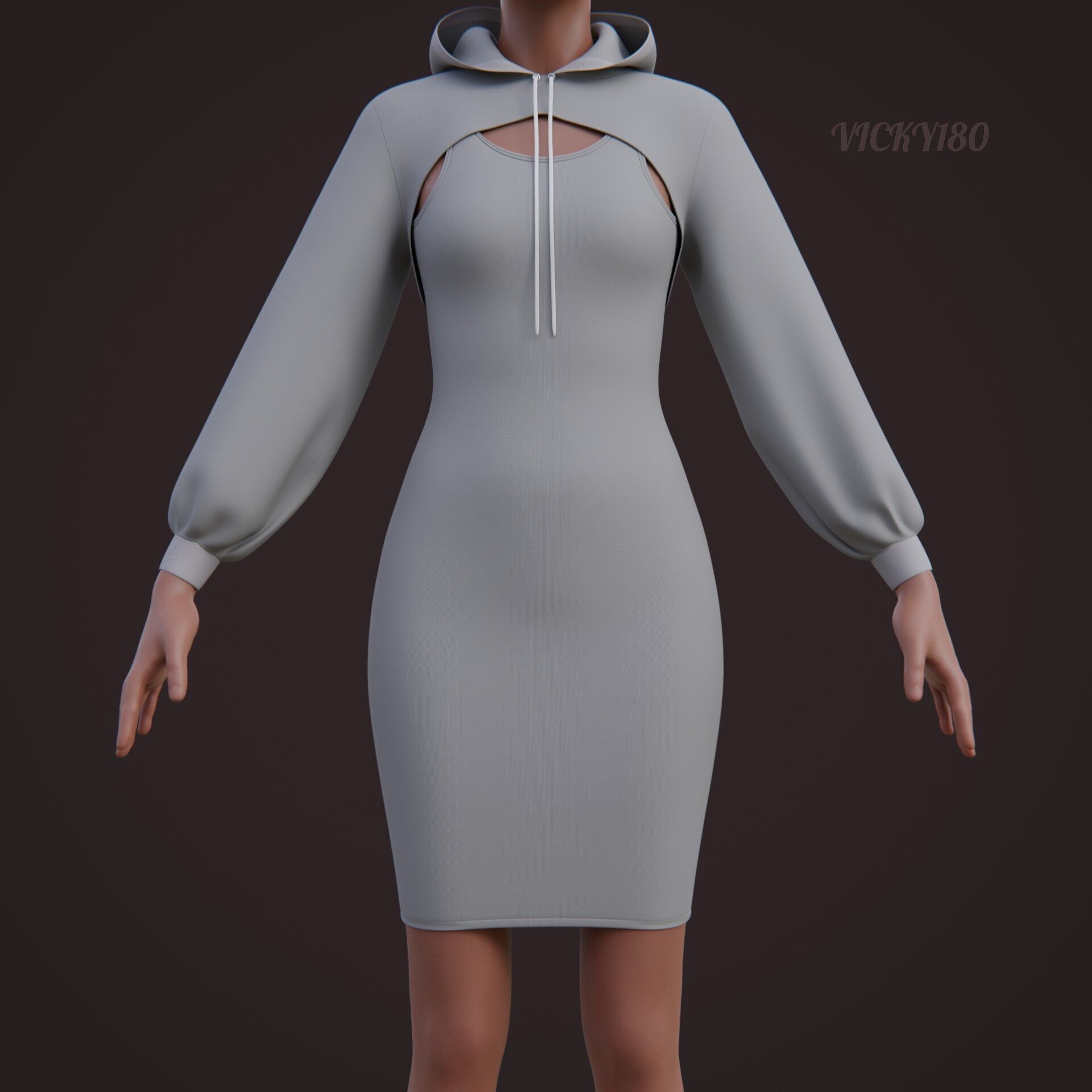 Crop Hoodie Sweater and Bodycon Singlet Dress - Stylish Clothing 3D model_15