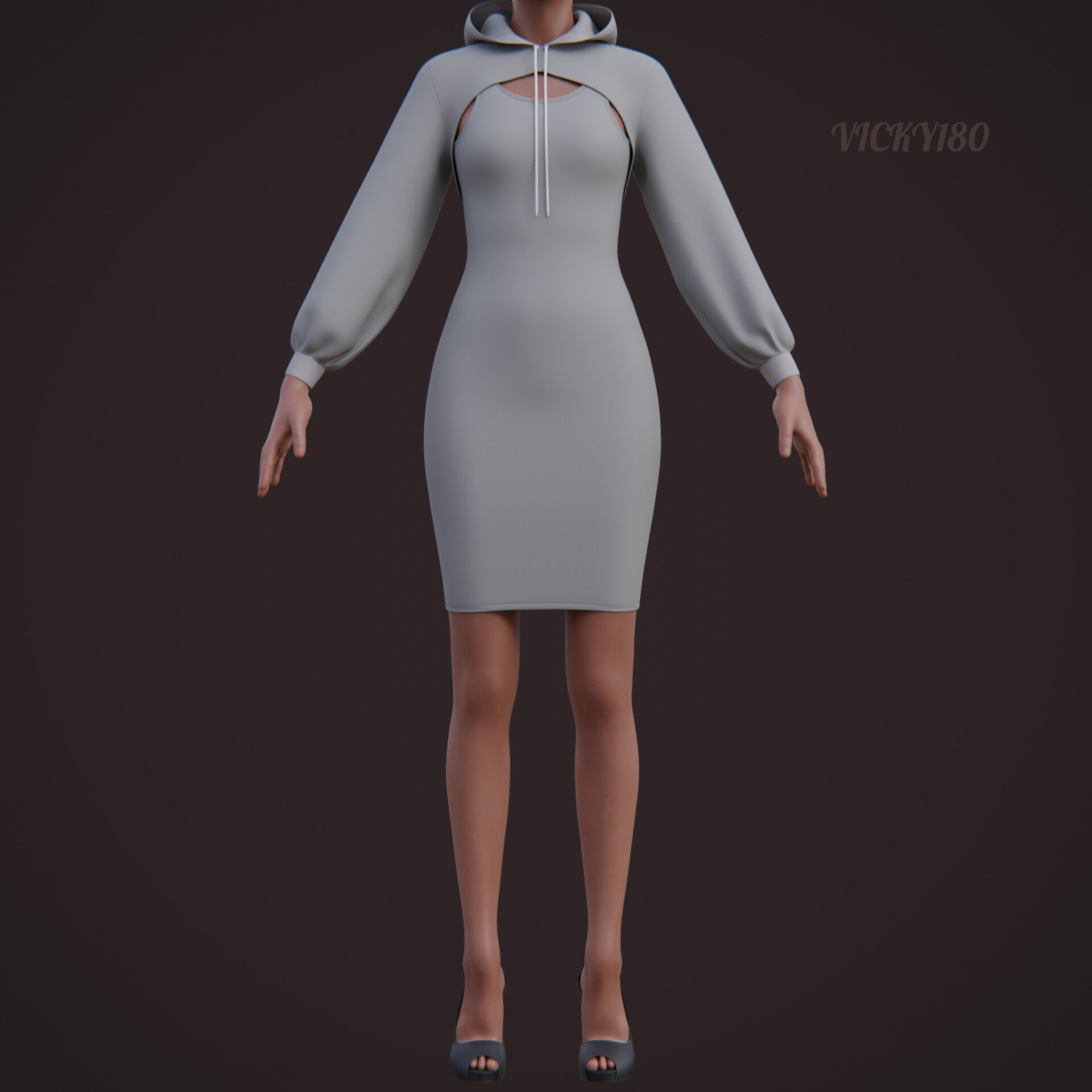 Crop Hoodie Sweater and Bodycon Singlet Dress - Stylish Clothing 3D model_23