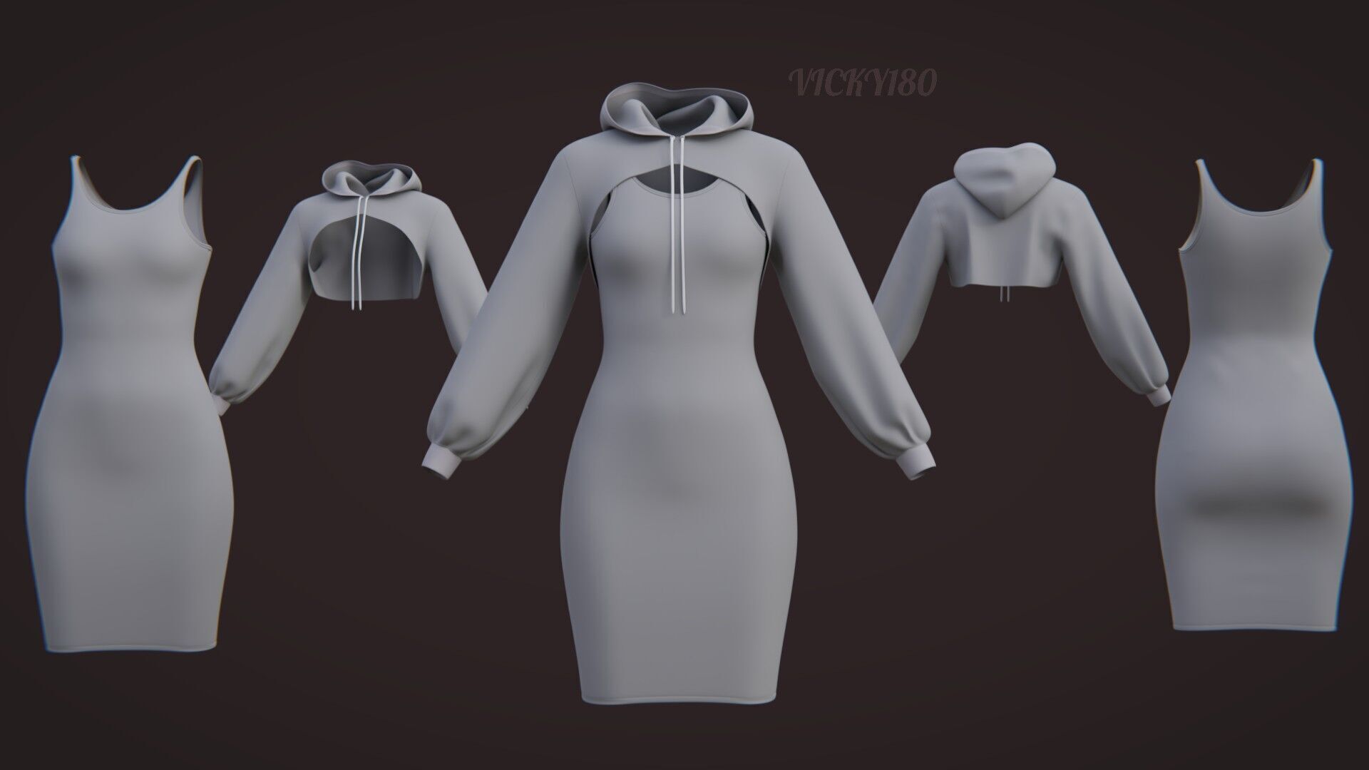 Crop Hoodie Sweater and Bodycon Singlet Dress - Stylish Clothing 3D model_1