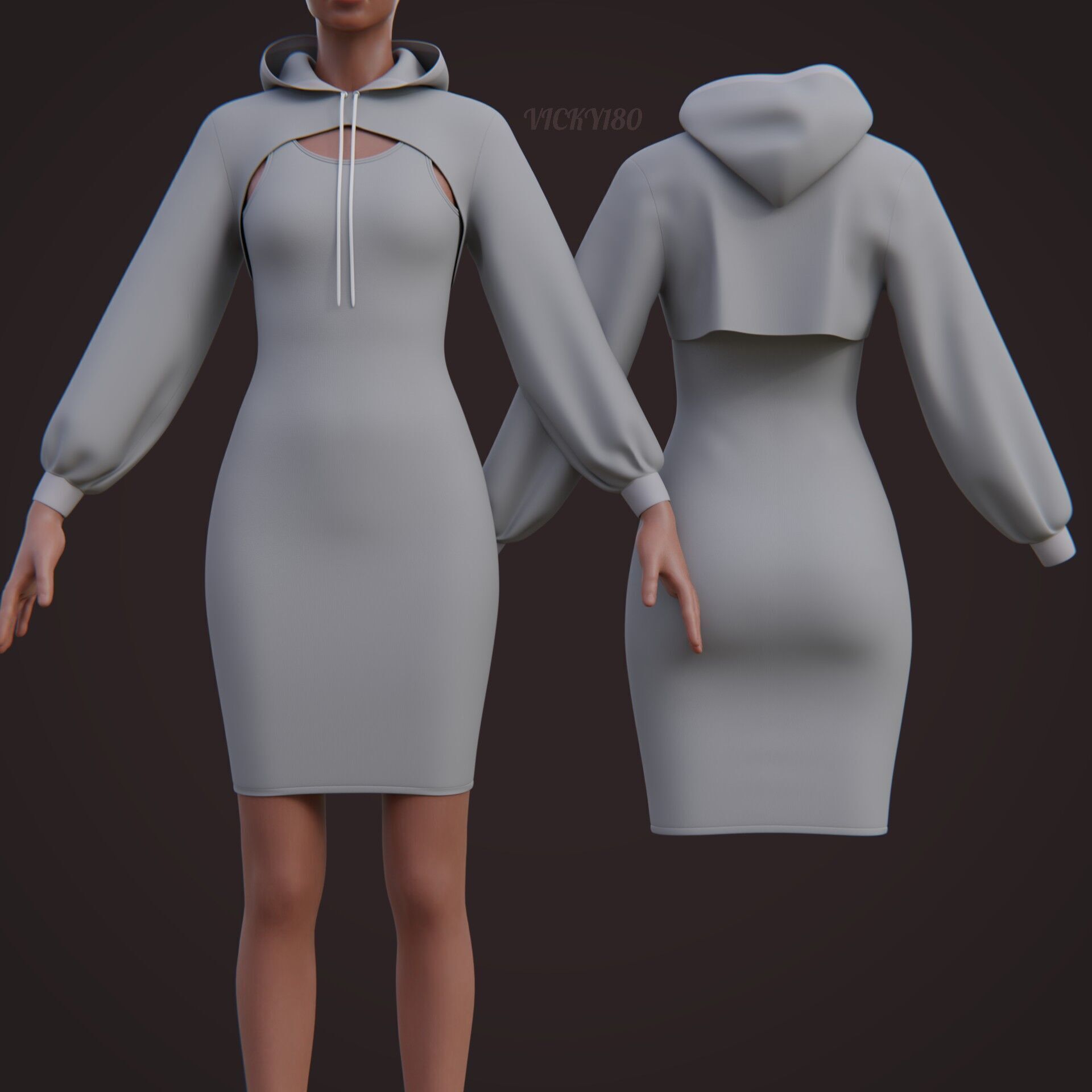 Crop Hoodie Sweater and Bodycon Singlet Dress - Stylish Clothing 3D model_11