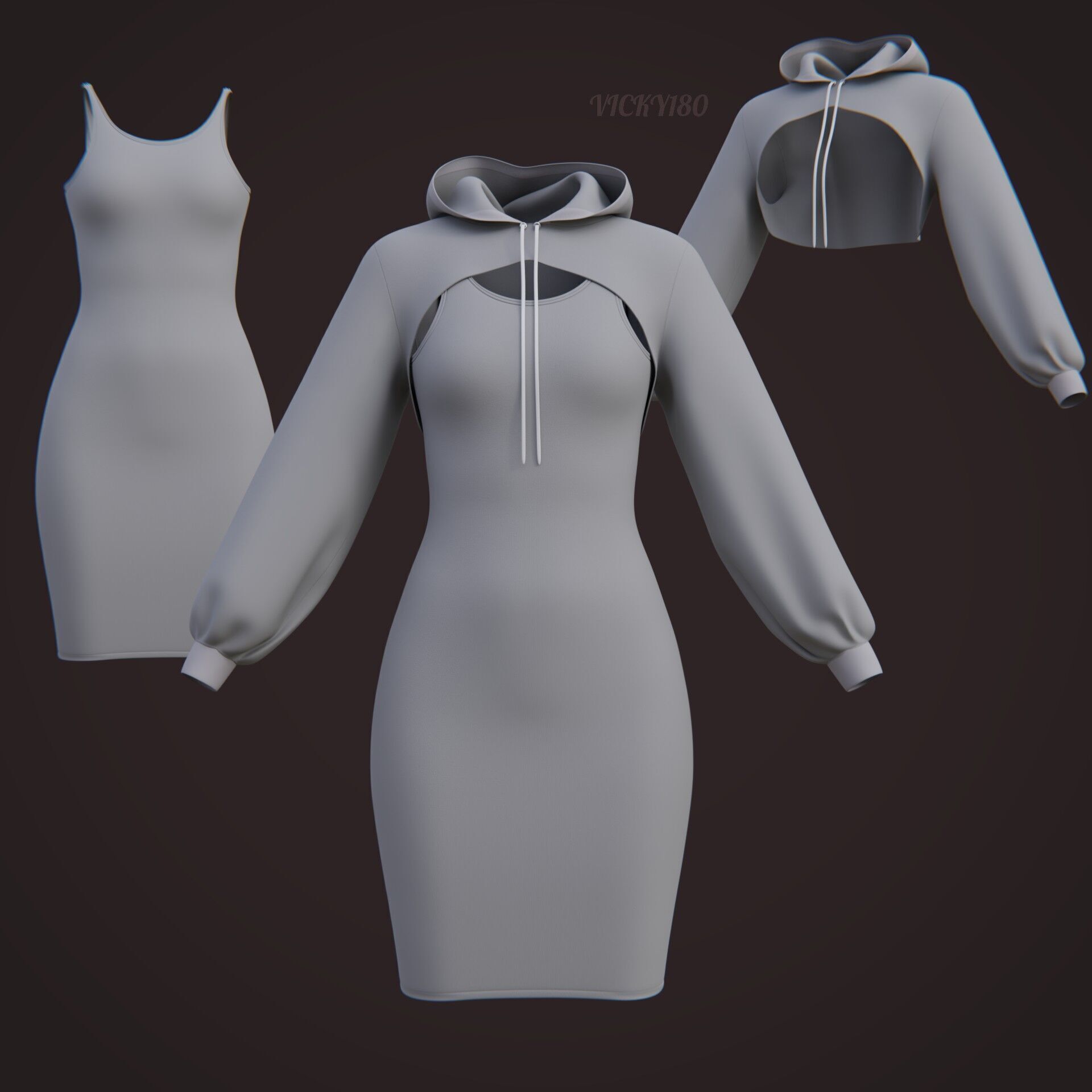 Crop Hoodie Sweater and Bodycon Singlet Dress - Stylish Clothing 3D model_12