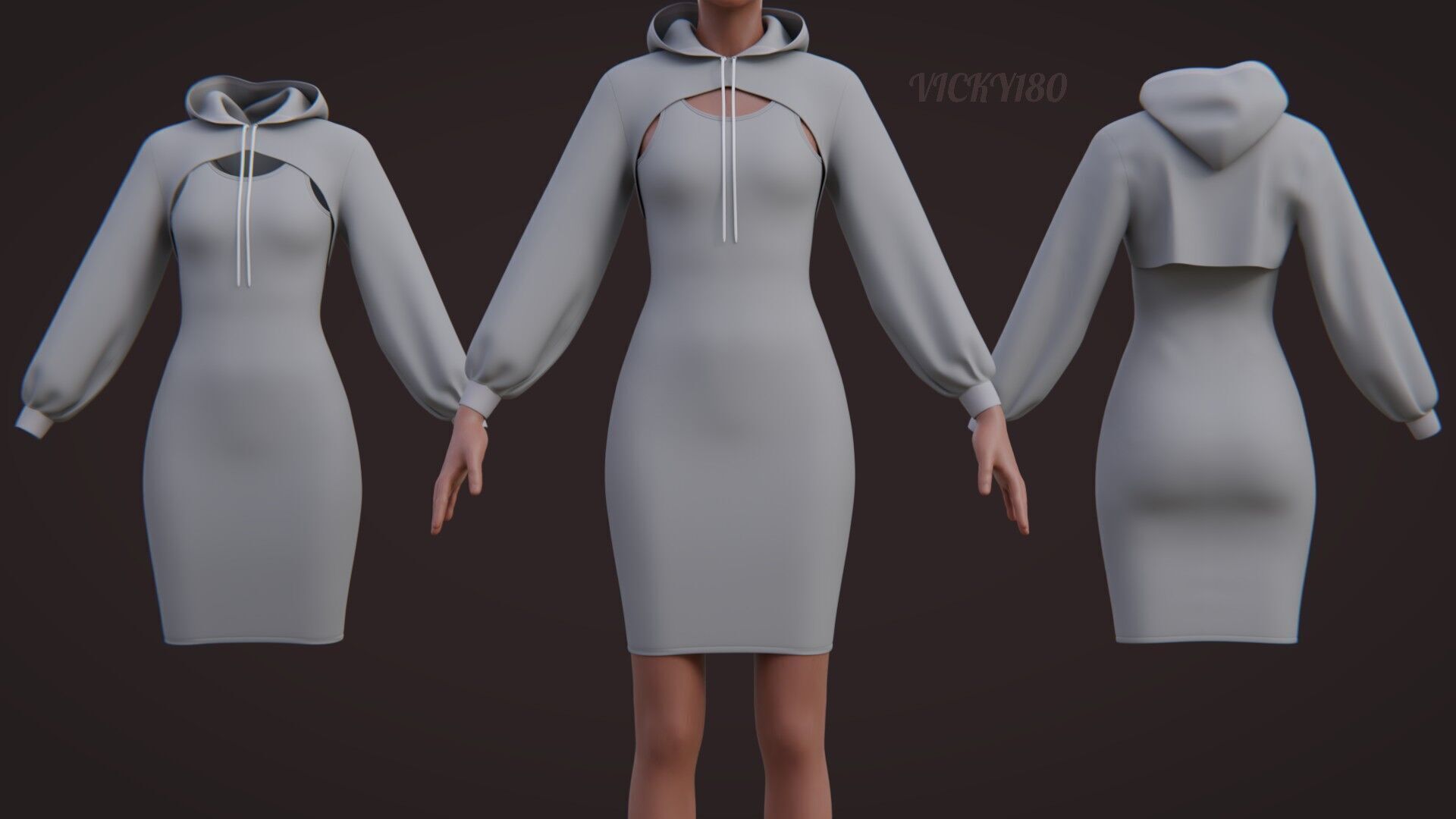 Crop Hoodie Sweater and Bodycon Singlet Dress - Stylish Clothing 3D model_5