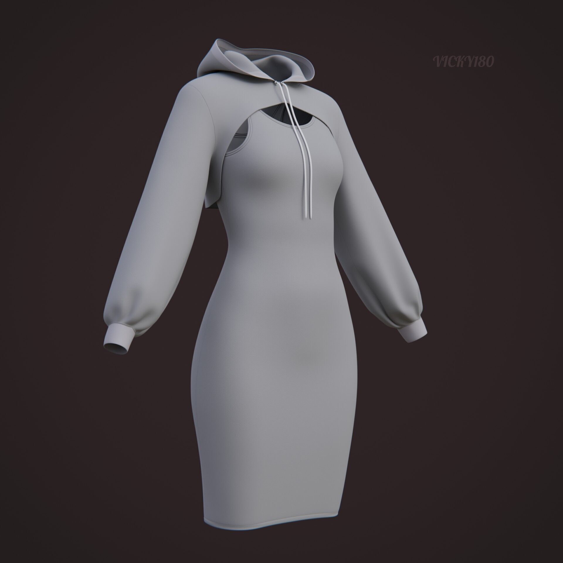 Crop Hoodie Sweater and Bodycon Singlet Dress - Stylish Clothing 3D model_28