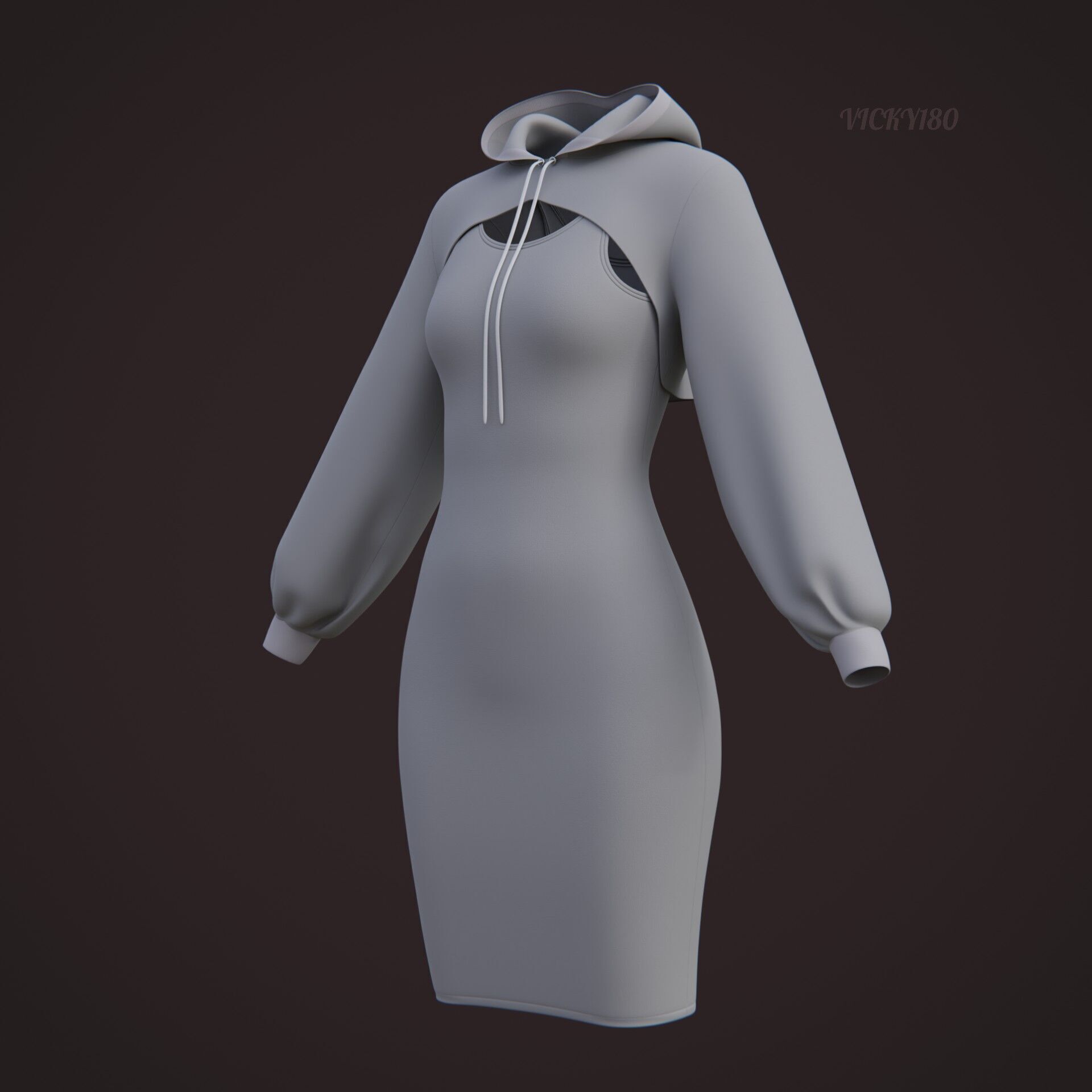 Crop Hoodie Sweater and Bodycon Singlet Dress - Stylish Clothing 3D model_34