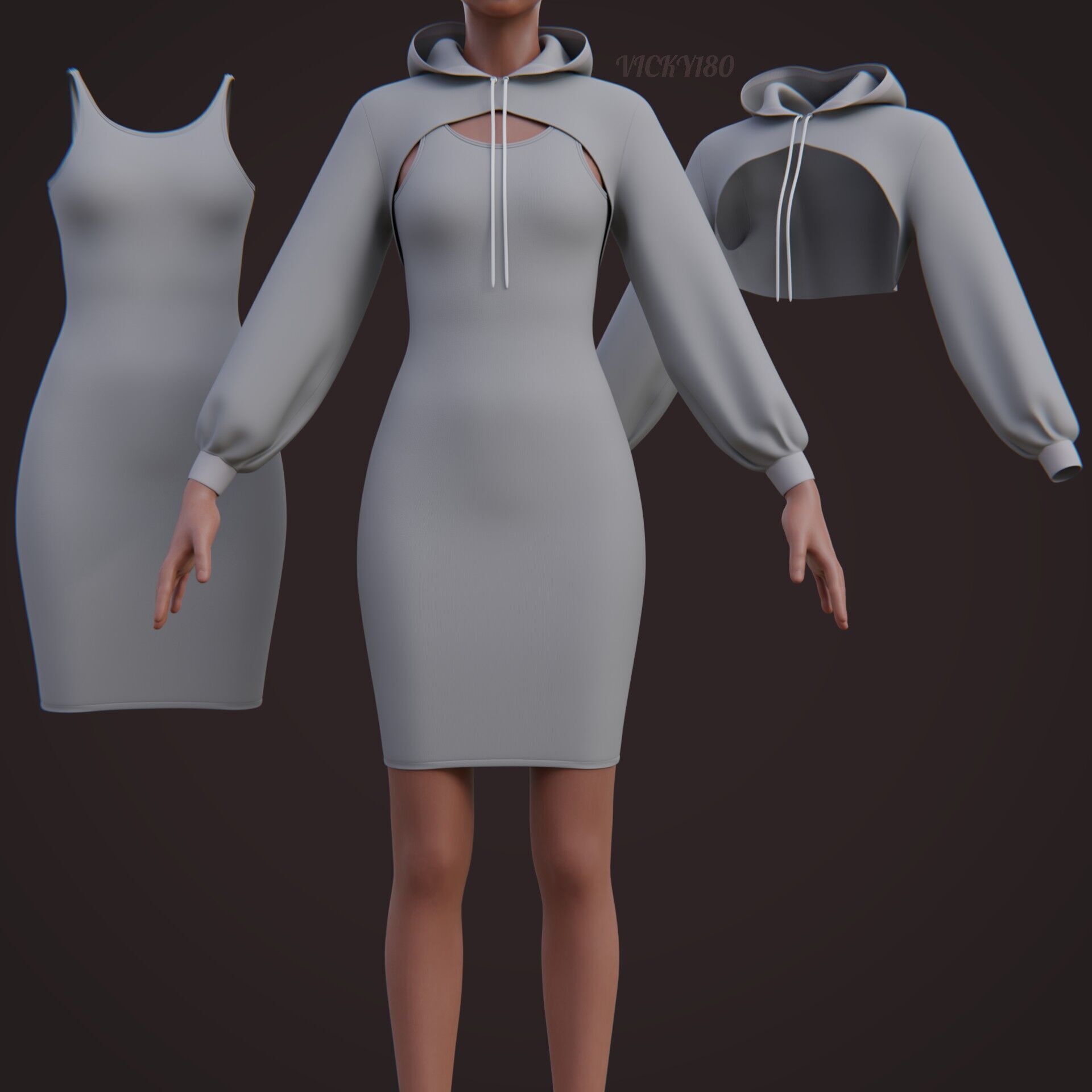 Crop Hoodie Sweater and Bodycon Singlet Dress - Stylish Clothing 3D model_26