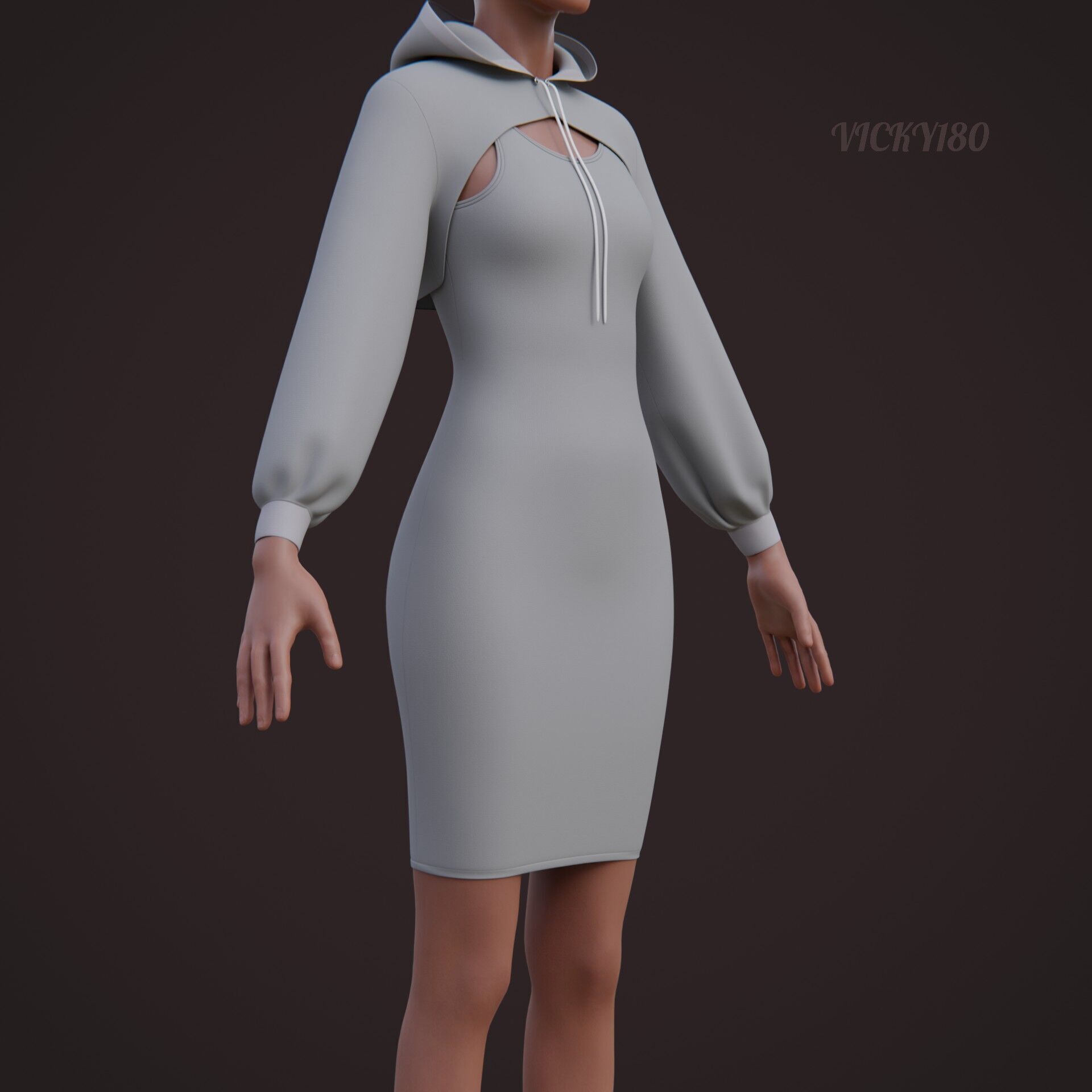 Crop Hoodie Sweater and Bodycon Singlet Dress - Stylish Clothing 3D model_18