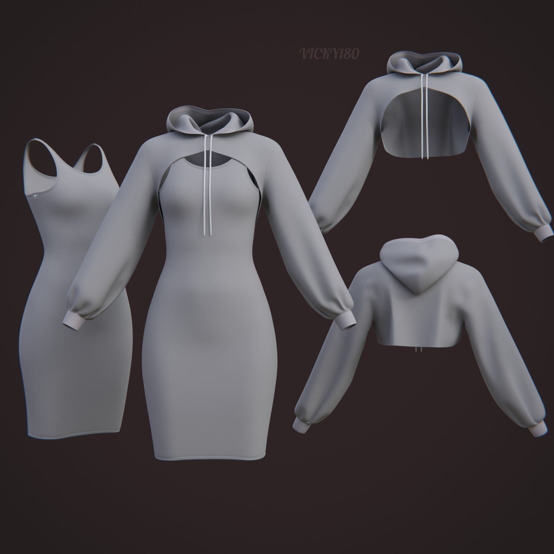 Crop Hoodie Sweater and Bodycon Singlet Dress - Stylish Clothing 3D model_35
