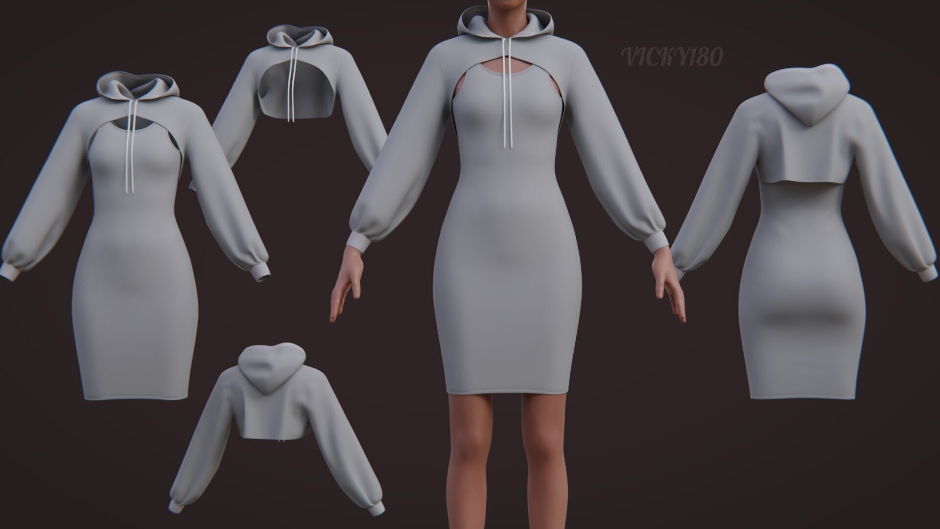 Crop Hoodie Sweater and Bodycon Singlet Dress - Stylish Clothing 3D model_36
