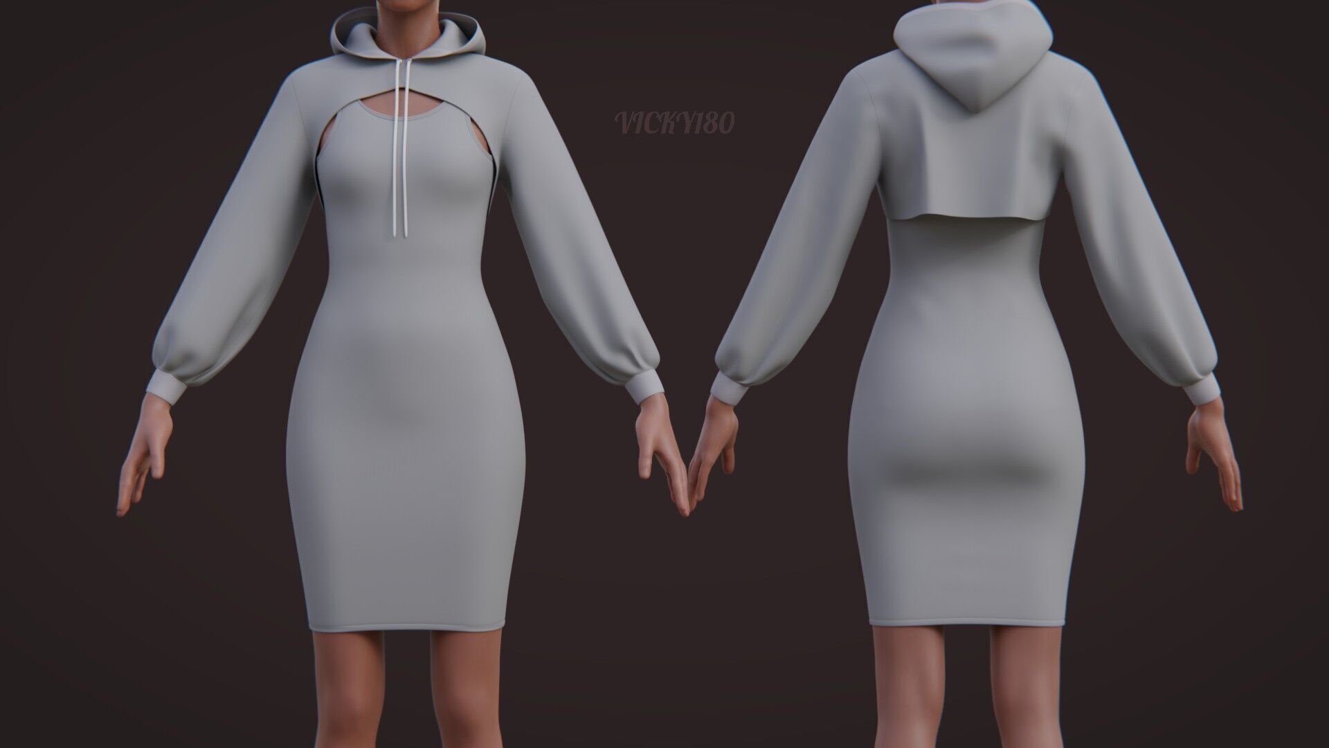 Crop Hoodie Sweater and Bodycon Singlet Dress - Stylish Clothing 3D model_6