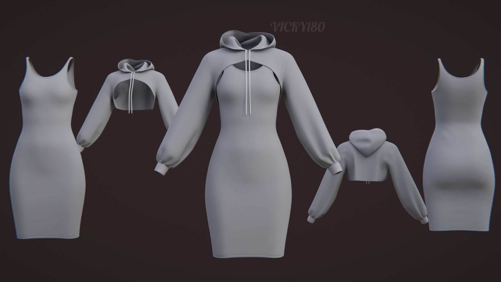 Crop Hoodie Sweater and Bodycon Singlet Dress - Stylish Clothing 3D model_37