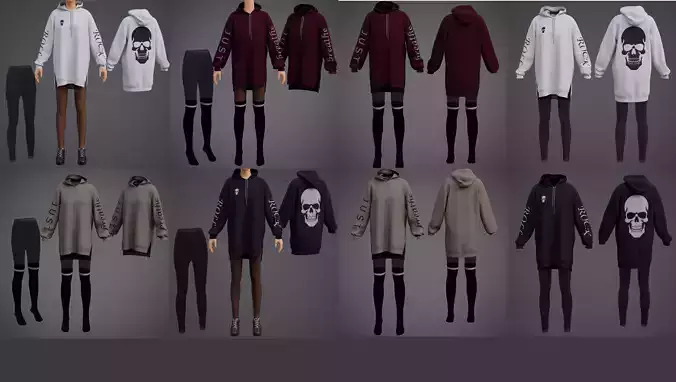 Goth Oversized Sweatshirts Fishnet Leggings Socks Outfit Set 3D Model Collection