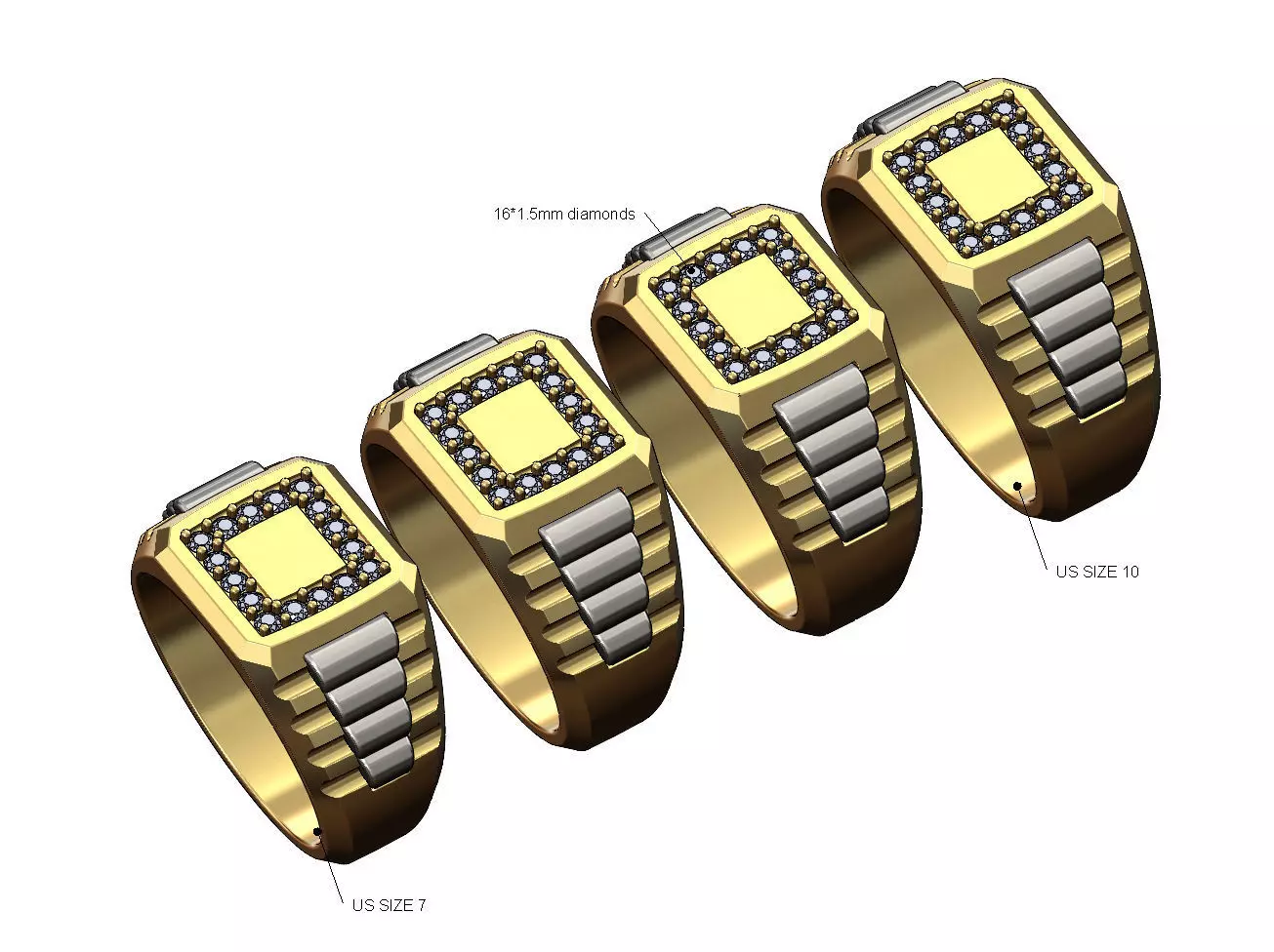Diamond square presidential link inserts ring US sizes 7to10 3D print model_0