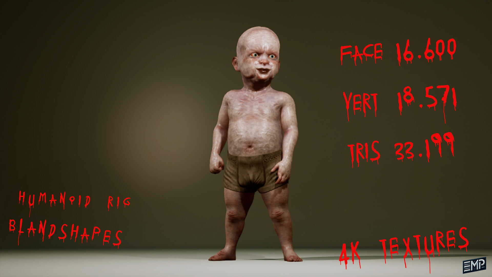 The Creepy baby game character for Horror games Low-poly 3D model_2