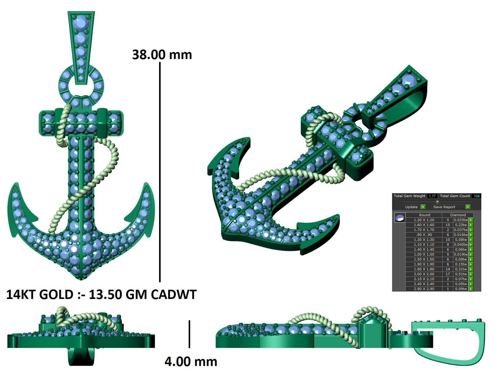 Iced-Out Nautical Anchor Pendant 3D print model_3