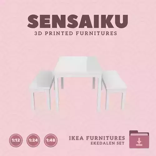 EKEDALEN Table and 2 Benches for Dollhouse IKEA D Print