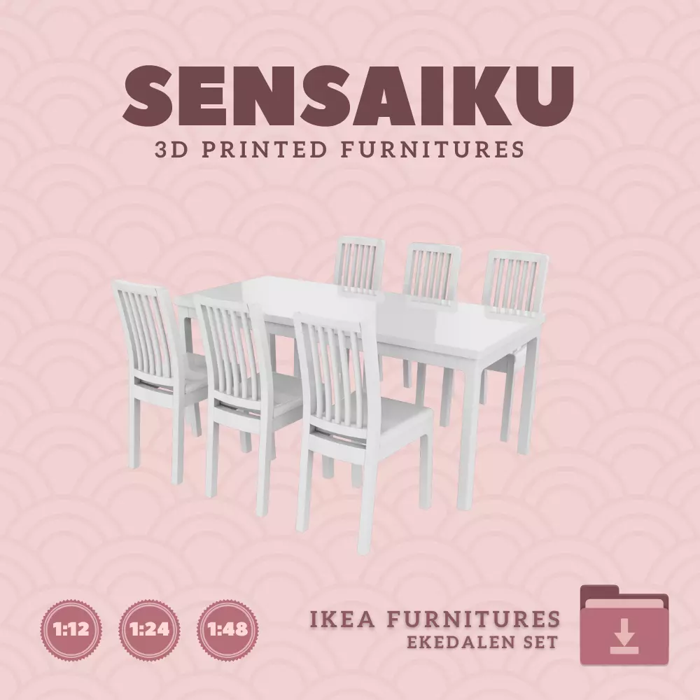 EKEDALEN Table and 6 Chairs for Mini Dollhouse IKEA 3D Print 3D print model