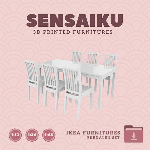 EKEDALEN Table and 6 Chairs for Mini Dollhouse IKEA 3D Print 3D print model