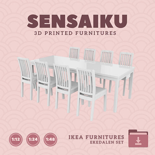 EKEDALEN Table and 8 Chairs for Dollhouse IKEA  3D Print 3D print model