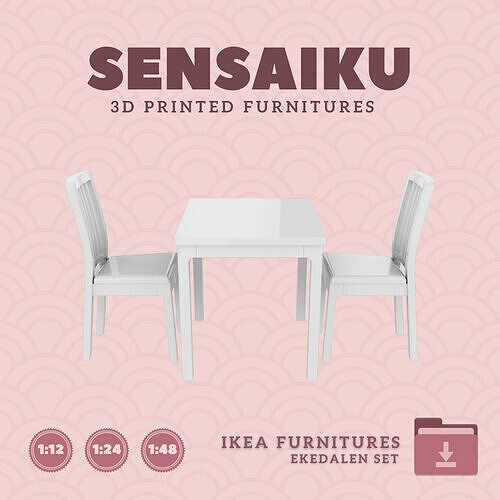 EKEDALEN Table and 2 Chairs for Mini Dollhouse IKEA 3D Print 3D print model
