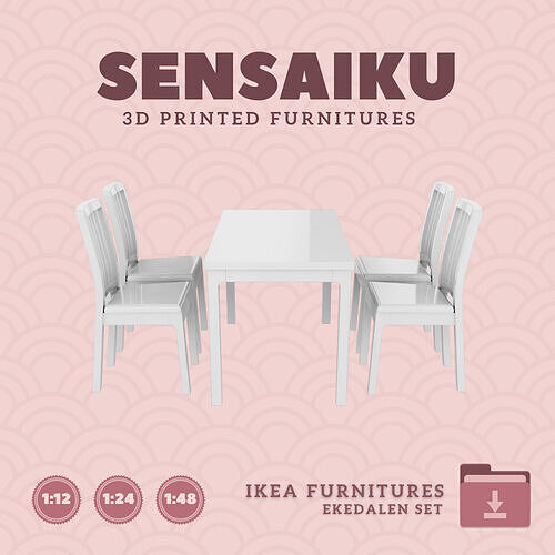 EKEDALEN Table and 4 Chairs for Mini Dollhouse IKEA 3D Print 3D print model