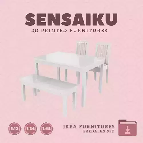 EKEDALEN Table with Chairs and Bench for Dollhouse IKEA 3D Print