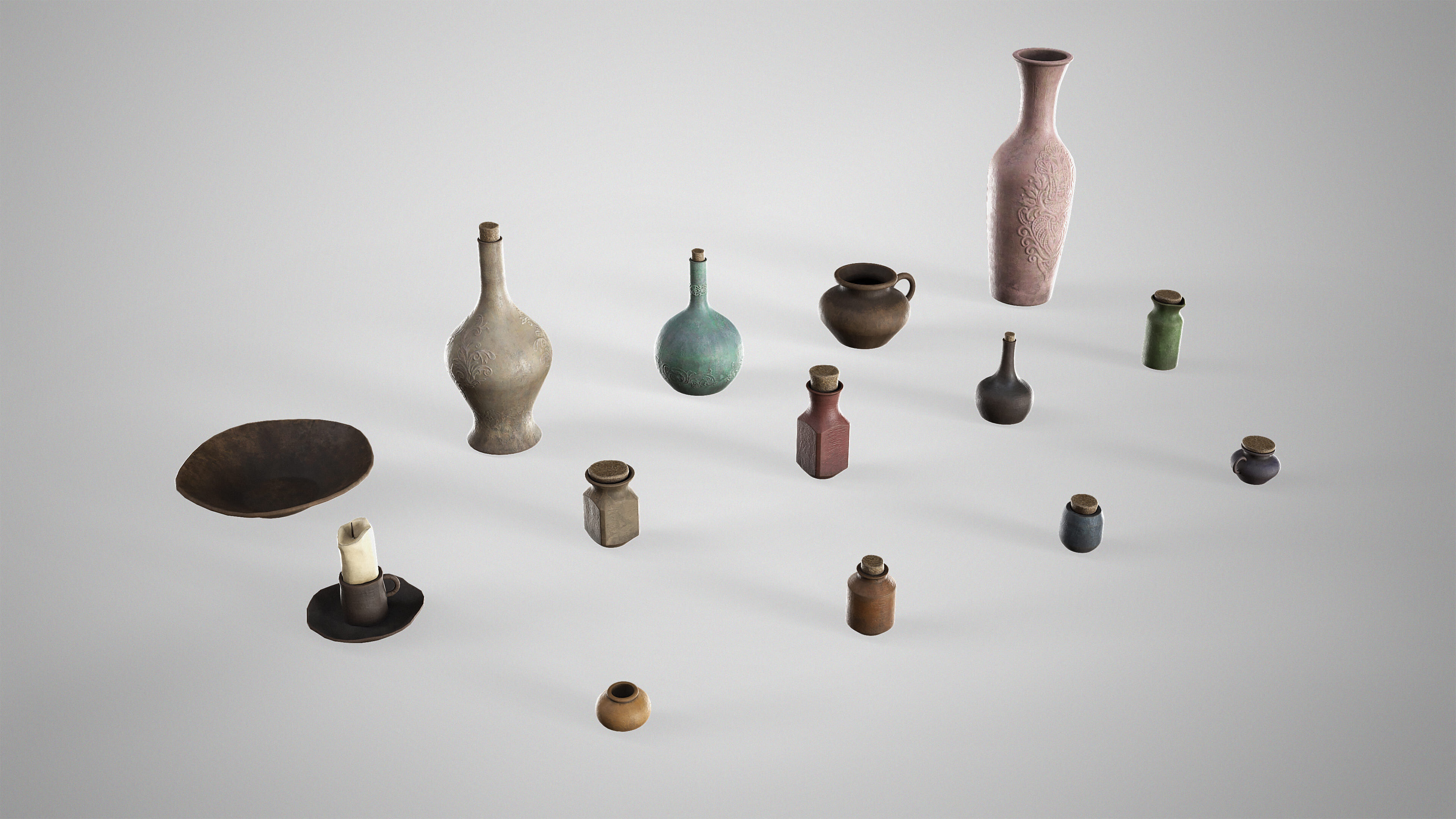 Medieval Pottery Set - Ceramic Flask Potion Bottle Clay Pot Jar Low-poly 3D model_2
