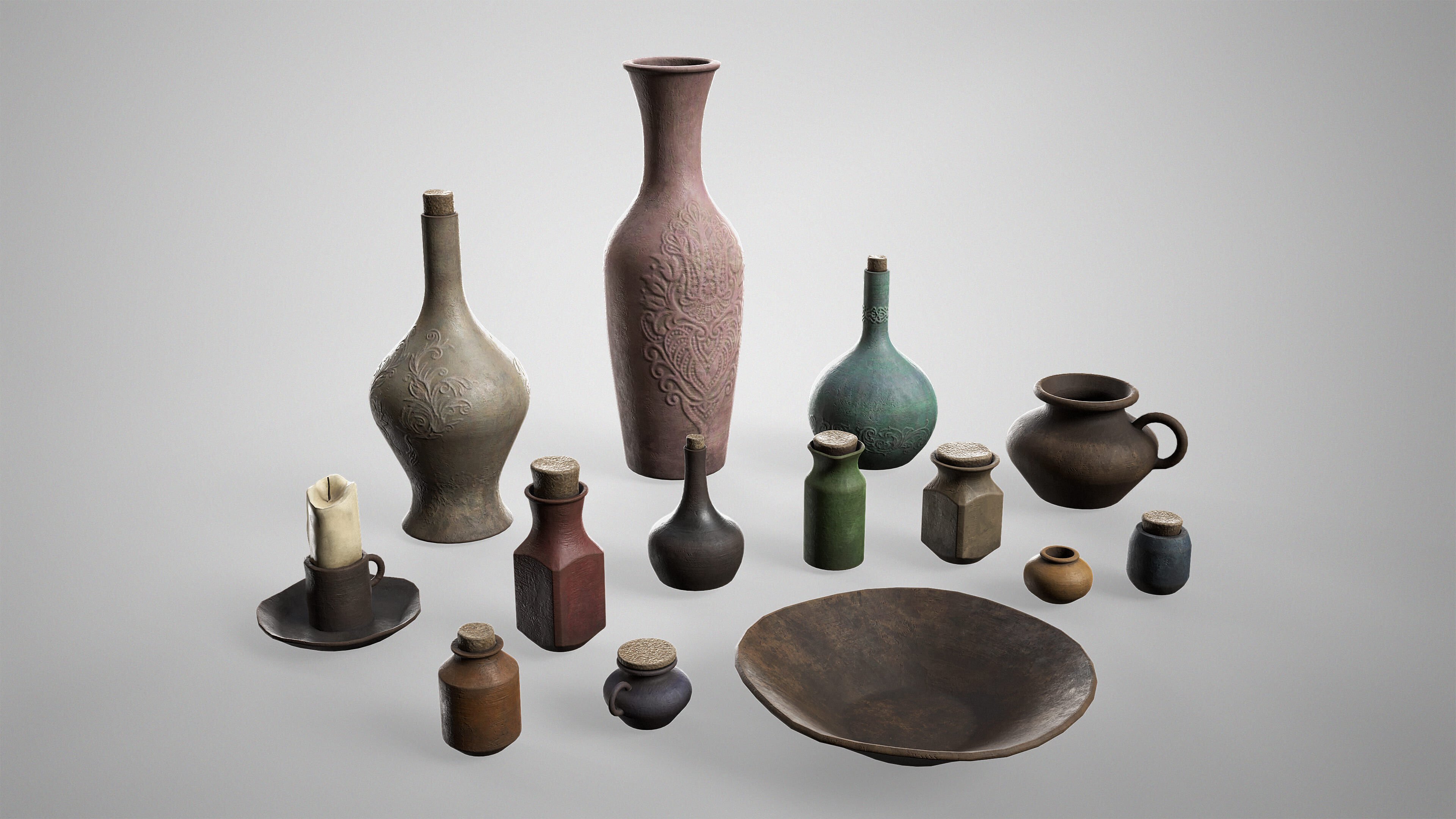 Medieval Pottery Set - Ceramic Flask Potion Bottle Clay Pot Jar Low-poly 3D model_1