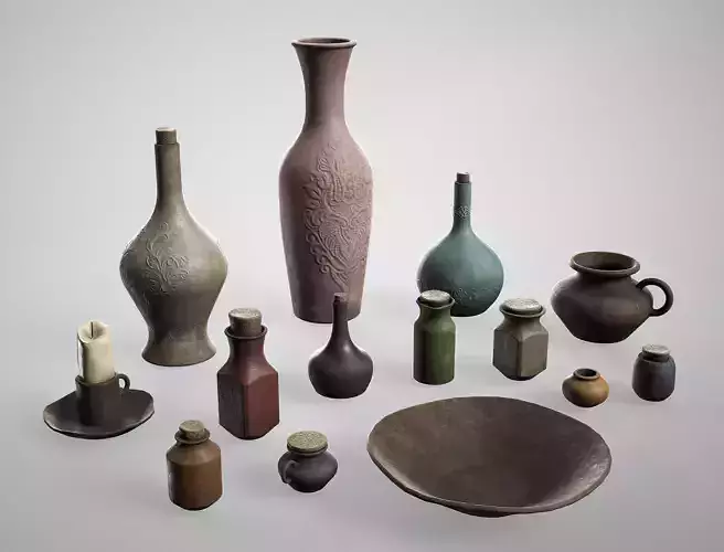 Medieval Pottery Set - Ceramic Flask Potion Bottle Clay Pot Jar Low-poly 3D model