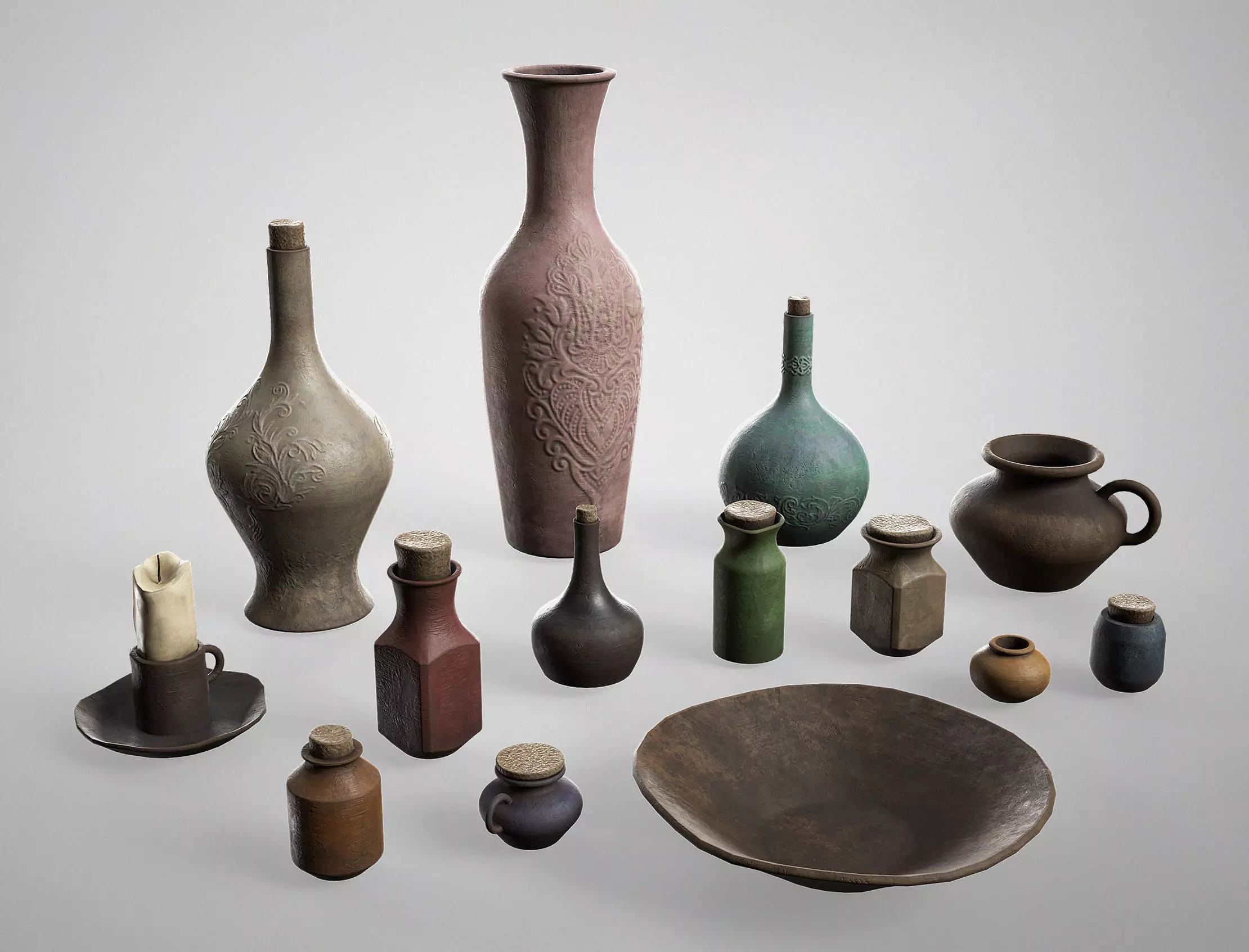 Medieval Pottery Set - Ceramic Flask Potion Bottle Clay Pot Jar Low-poly 3D model_0