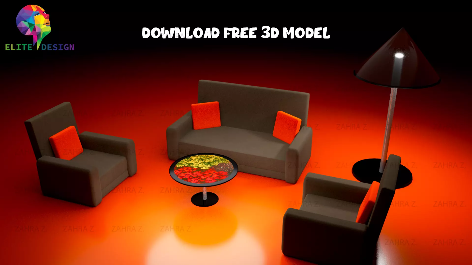 Low Poly Sofa Set with Table and Lamp Free 3D model