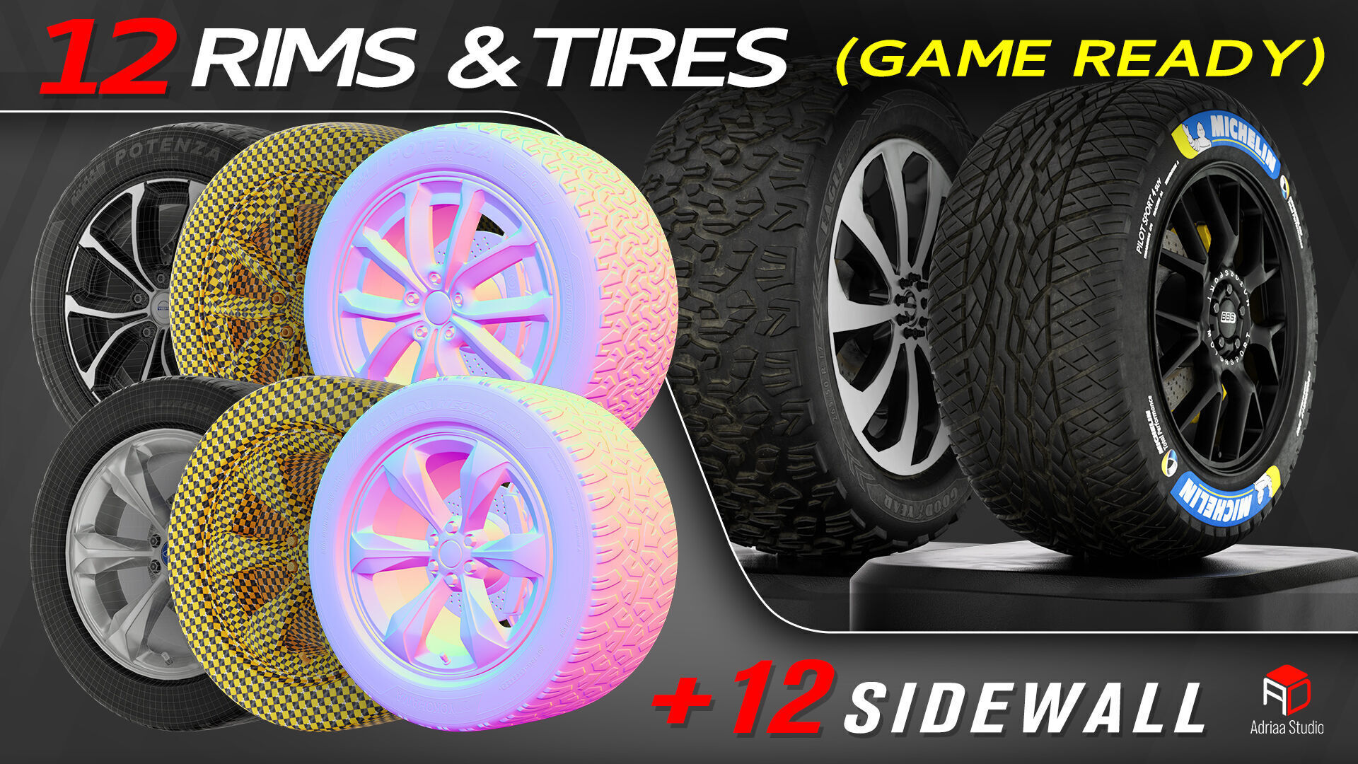 12 Wheels With Sidewalls Low-poly 3D model_10