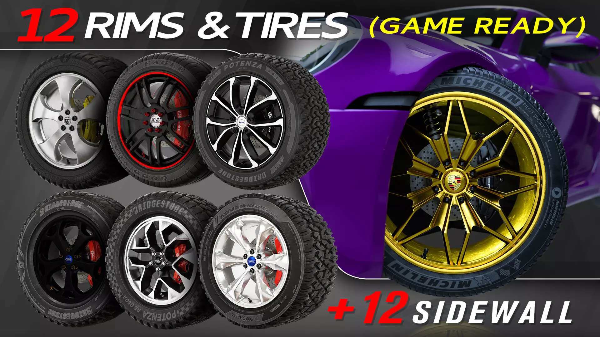 12 Wheels With Sidewalls Low-poly 3D model_0